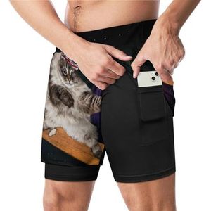 Grappige Kat Schaatsen in Cosmos Grappige Zwembroek met Compressie Liner & Pocket Voor Mannen Board Zwemmen Sport Shorts