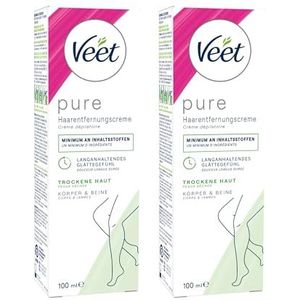 Veet Pure Ontharingscrème, verpakking van 2 stuks, voor lichaam, armen en benen, ontharingscrème voor droge huid, minimum aan ingrediënten en aangename geur, 2 x 100 ml