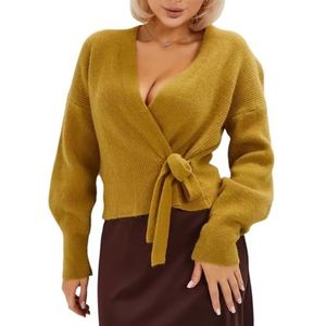 Oversized V-hals Trui for Dames, Gebreide Top Van Wolmix Met Wikkelriem en Cropped Zoom(Yellow,XL)
