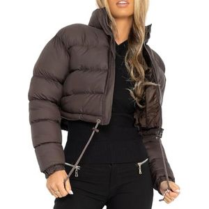Dames Cropped Pufferjack, Opstaande Kraag, Baggy Korte Gewatteerde Jas Met Zakken(Dark brown,S)