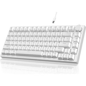 YINDIAO Ajazz AK820 Mechanisch Toetsenbord met Knop,75% ANSI-Indeling,81 Toetsen Bedraad Gamingtoetsenbord,5 Geluidsabsorberend Schuim,Hot-Swappable,Rode Schakelaar,Ijsblauw Licht,voor PC,MAC (Wit)