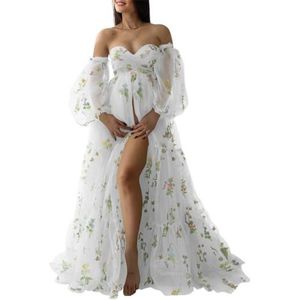 KIYNE Zwangerschapsjurk voor dames, met bloemenborduurwerk, tule, zwangerschapsjurk voor fotoshoot, vogeljurk, zwangerschapsjurk voor babyborrel, Wit, 32