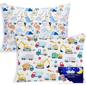 Set 2 kussenslopen 100% katoen, kinderbed, 40x60 cm, cadeau kinderdag, dinosaurus vrachtwagen