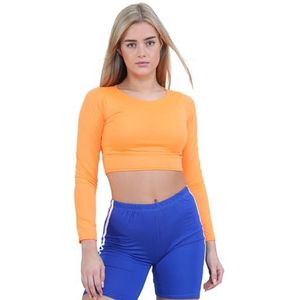 janisramone Dames ronde hals lange mouwen crop top effen T-shirt tops dames zomer top 8-14, Oranje, 40-42