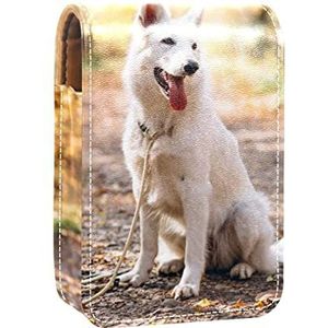 Make-up Lipstick Case voor Buiten Herfst Leuke Witte Hond Draagbare Lippenstift Organizer met Spiegel Dames Mini Make-up Tas Neemt Tot 3 Lippenstift