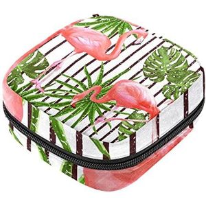 Flamingo Palmblad Streep Maandverband Opbergtas Menstruatie Pad Tas Draagbare Menstruatie Cup Pouch met Rits voor Tiener Meisjes Vrouwen Dames