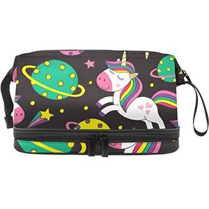 Dubbele Laag Cosmetische Tas Eenhoorn Ruimte Draagbare Make-up Tas Reizen Organizer Pouch voor Vrouwen Meisjes Toiletartikelen Tassen, Meerkleurig, 27x15x14 cm/10.6x5.9x5.5 in, Make-up zakje