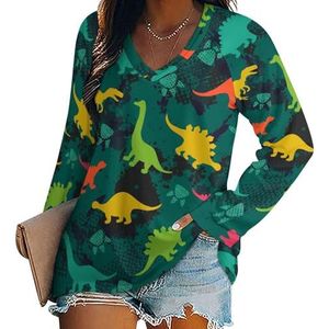 T-rex Dinosaurus Groen Camo Dames V-hals Shirt Lange Mouw Tops Casual Loose Fit Blouses