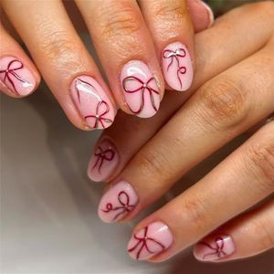 24 stuks amandel nepnagels press-on nagels kunstnagels kunstnagels lijm op nagels valentijn ontwerpen Franse nagels tips