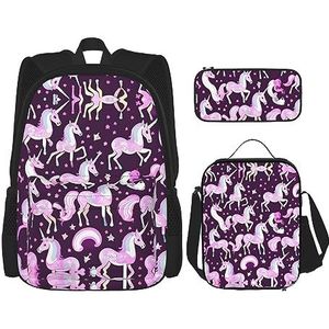 JIUTY Eenhoorns Rood 3 stks Rugzak 16 inch School Boekentas met Lunchbox Grote Rugzakken voor Elementaire Kleuterschool, Zwart, Eén maat, Schooltas Set