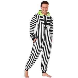 BEETLEJUICE Fleece onesie voor heren met capuchon, fleece loungewear - grappige cadeaus voor hem, Zwart/Wit, XL
