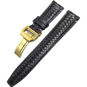 kongsou Gebogen End Koeienhuid Geweven Horlogeband Fit Voor IWC Portugieser Piloten Lederen Horlogebandje 20mm 21mm 22mm(Black Gold Buckle,20mm)