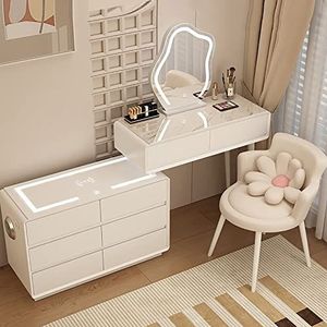 Make-uptafel, Make-upijdelheid met Bluetooth-luidspreker en Draadloos Laadstation, Kaptafelset met LED-verlichte Spiegel en Stoel, Kaptafel met 5/8 Lades, Massief Hout, voor Haar (Color : White-6 dra