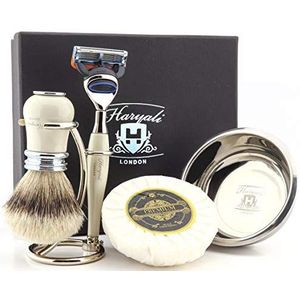 Haryali London Klassieke scheerset voor heren met 5 kantencartridge-scheermes, zilveren punt dassenhaar scheerborstel, standaard, zeep en kom, perfecte scheerset