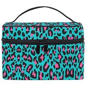 Roze vlekken blauwe luipaardprint cosmetische tas organizer rits make-up tassen zakje toilettas voor meisjes vrouwen
