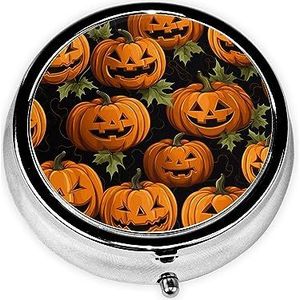Halloween Pompoen Patronen Pillendoos Metalen Ronde Kleine Pil Case Leuke 3 Compartiment Pil Organizer Draagbare Reizen Pillendoos Mini Pillencontainer Houder voor Dagelijkse Medicijnen Supplement