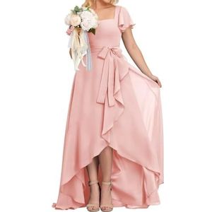 High-Low Prinses Bruidsmeisjesjurken Vierkante Hals Galajurk Chiffon Formele Avondfeestjurk met Mouwen, Blush Roze, 32