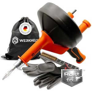 WERKHELD Pijpreinigingsspiraal [7,5m], met booropzetstuk, ideale afvoerspiraal voor milieuvriendelijke buisreiniging, roestvrij staal, met handschoenen en reinigingsborstel