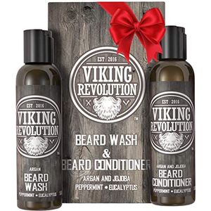 Viking Revolution Beard Wash & Beard Conditioner Set w/Argan & Jojoba Oils – Softens, Smooths & Strengthens Beard Growth - Natural Peppermint and Eucalyptus Scent - Beard Shampoo w/Beard Oil (5 oz)