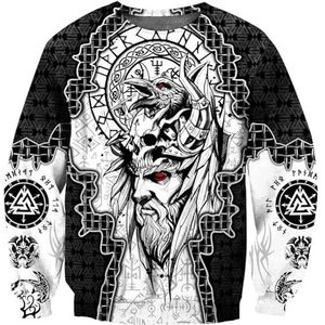 Noorse Mythologie Odin Tattoo Hoodie, Viking 3D Volledig Bedrukte Unisex Losse Harajuku Trui met Lange Mouwen, Lente en Herfst Vegvisir Punk Street Pagan Top(Color:B Round Neck,Size:XL)