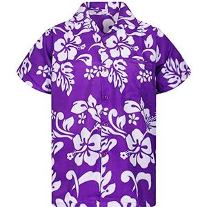 V.H.O. Hawaïhemd standaard fit heren korte mouwen voorzak funky bloemen bloemen hibiscus unisex, hibiscus violet, L