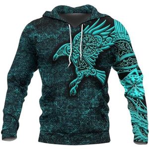 Noorse Mythologie Odin Raven Hoodie, Viking 3D Full Body Gedrukt Nieuwigheid Harajuku Rits Pullover Sweatshirt, Trekkoord met Lange Mouwen Plus Size Heidense Top(Color:Green Pullover,Size:L)