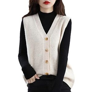 Ownwfeat Wollen vest voor dames, V-hals, knoop, mouwloos, gebreid vest, Abrikoos, S