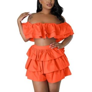 Tweedelige Zomeroutfits Voor Dames, Sexy Off Shoulder Ruches Crop Top En Elastische Taille Losse Korte Broek Vakantieset (Color : Orange, Size : XXL)