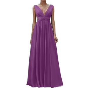 Diepe V-hals Prinses Bruidsmeisjes Jurken Chiffon Galajurken met Split Formele Avondjurk ZM195, Paars, 32