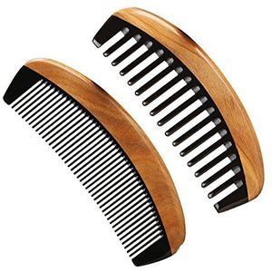 LWBTOSEE Handgemaakte kam van neemhout met brede tanden, groen sandelhout, antistatisch ontwarren, hoornkam voor dames, heren en meisjes, haarkam voor dik, krullend en golvend haar.