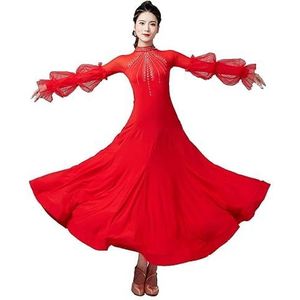 Rood,L,Hynyjxjy Ballroom Dansjurken Met Lange Mouwen Mesh Splice Waltz Danskleding Voor Dames Salsa Dans Oefen Kostuums Foxtrot Dansoutfit Met Strass