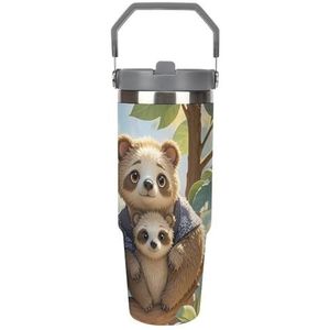 FHECVBN Grote Capaciteit Auto Cup Koffie Tumbler Luiaard Familie Koffie Mok Flip Stro Tumbler Rvs Cup