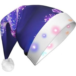 EdWal vlinder paarse kerstmuts LED oplichtende hoed, grappige pluche kerstmuts, kerstvakantie feesthoed voor volwassenen