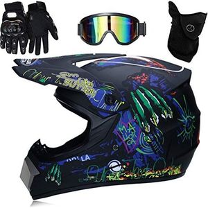 Yusat MTB-helm, motorcrosshelm, professioneel, voor kinderen, jongeren en volwassenen, fullface helm met bril, handschoenen, gezichtsbescherming, motorcross, dirtbike, off-road, motorfiets (M)