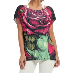 Coo Red Rose Dames Korte Batwing Mouwen Shirt Ronde Hals T-shirts Losse Tops voor Meisjes, Patroon, L