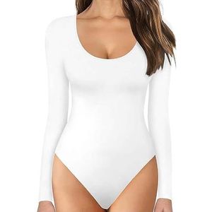 MeeQee Bodysuit voor vrouwen lange mouwen bodysuit ronde hals hoge rekbare turnpakje top plus size geschikt om uit te gaan, Wit, S