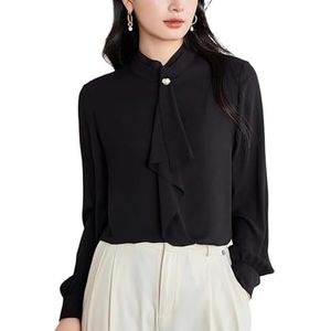 ROUZIHU Ronde hals kralen chiffon shirt professionele blouse gerimpelde lange mouwen dames losse shirt(Schwarz,XL)