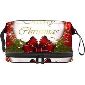 Grote capaciteit reizen cosmetische tas,Make-uptas,Waterdichte make-up tas Organizer, Kerstmis gouden bel met rode strik, Meerkleurig, 27x15x14 cm/10.6x5.9x5.5 in