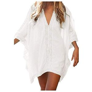 JFAN Sexy zomerjurk voor dames, V-hals, losse plussize strandjurk, badkleding, bikini-cover-up, wit, One size