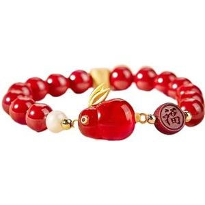 Dames armband, jongens armband Cinnaber kristal armband konijn bedelarmband natuurlijke stenen armband geluk amulet talisman Reiki kristal kwarts armband, rood, elastisch koord (Color : Red, Size :