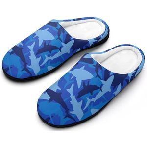 Blauwe Camo Haai Katoenen Slippers Voor Vrouwen Warme Anti-Slip Rubber Zool Huis Schoenen Voor Indoor Hotel 11-12 (42-43)