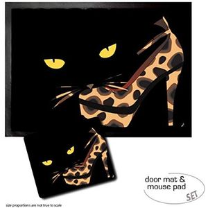 1art1 Schoenen, Black Cat's Eyes And Leopard Print Pumps Deurmat (70x50 cm) + Muismat (23x19 cm) Cadeauset