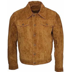Heren Trucker Casual Geit Suede Lederen Shirt Jeans Jas, bruin, XS