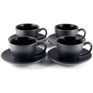 Hanseküche Cappuccinokopjes van aardewerk, set van 4 stuks, 180 ml, hoogwaardige en dikwandige koffiekopjes met schoteltjes, elegante koffiekopjes voor melkkoffiekopjes (zwart)