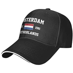 PELNYC Nederland Est.1581 Amsterdam Mesh Baseball Cap Running Hat Travel Hoeden Outdoor Verstelbare Zomer Caps Zwart, Zwart, 6 3/4/7 5/8