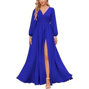 KURFACE Bruidsmeisjesjurken met lange mouwen en split geplooide chiffon formele jurk met mouwen formele jurk, koningsblauw, 32