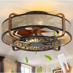 Stille Plafondventilator met Verlichting E27 Retro Rotan Plafondlamp met Ventilator en Afstandsbediening Vintage Handgeweven Lampenkap Ventilatorlamp voor Woonkamer Eetkamer Keuken Ventilator Licht