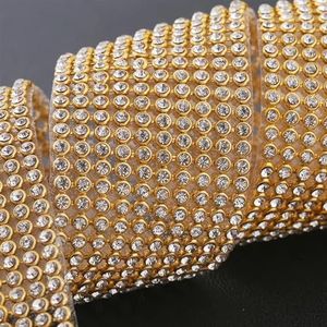 Diamant linten 8 rijen goud kristal strass ketting trim glas gouden basis strass lint duidelijk strass tape trim opstrijkbare schoenen (kleur: goud kristal, maat: 3 rijen x 1,2 meter - 0,9 cm)