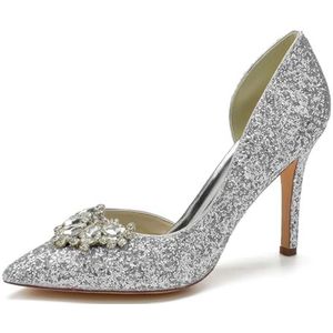 SYDZSW Naaldhak Trouwschoenen Hoge Hakken Glitter Ivoor Sandaal Bruidsschoenen 35-43, Zilver, 43 EU