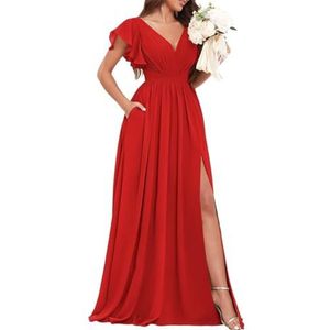 Chiffon bruidsmeisjesjurken voor dames, voor bruiloft, met split, avondgalajurken, cocktailjurken, grote maten, Rood, 32